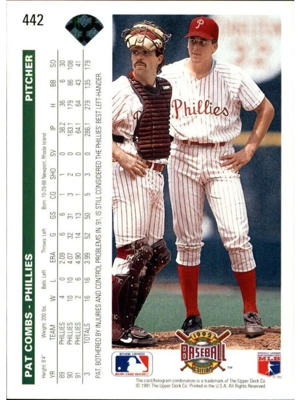 Pat Combs 1992 Upper Deck MLB #442 Baseball Card Philadelphia Phillies